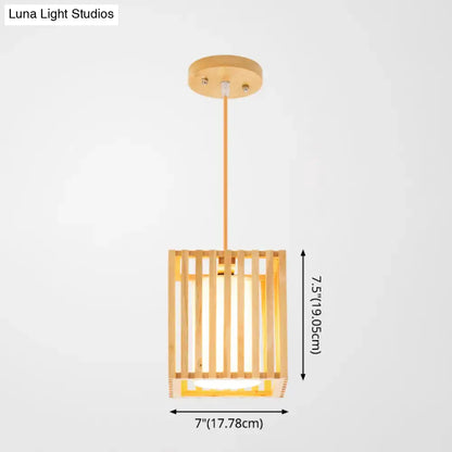DecorBites™ asian wood island pendant light in warm natural bamboo with vertical slats and circular wooden mount