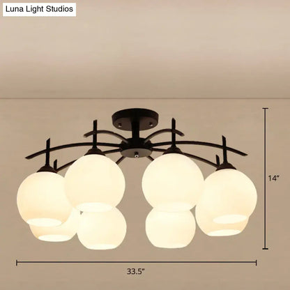 Black metal chandelier ceiling light with five frosted opal glass globe shades for living room decor
