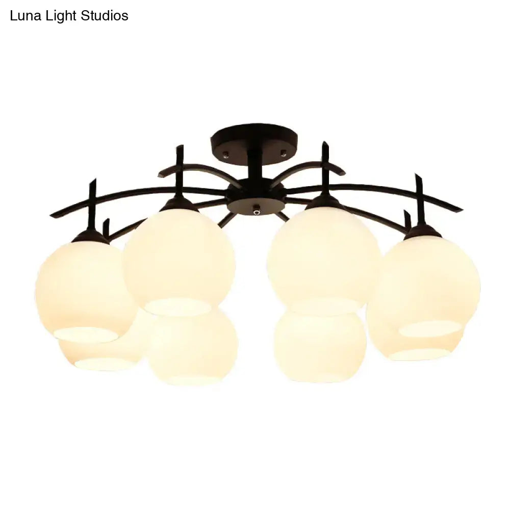 DecorBites™ minimalist black metal chandelier with five frosted opal glass globe shades for living room ceiling light