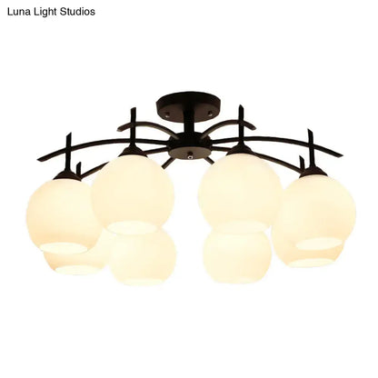 DecorBites™ minimalist black metal chandelier with five frosted opal glass globe shades for living room ceiling light
