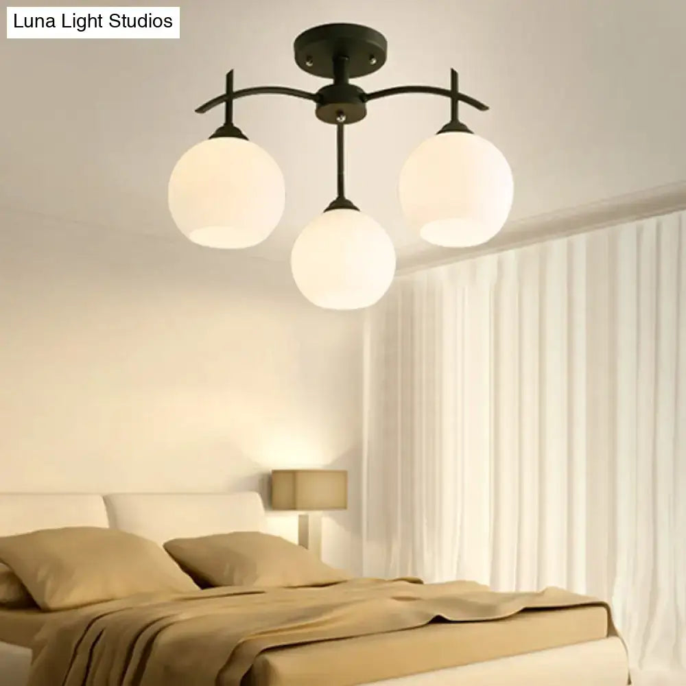 Decorbites minimalist black metal chandelier with three frosted opal glass globes ceiling light for living room
