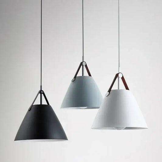 Minimalist painted metal pendant light with black, light blue, and white conical shades and leather straps for kitchen