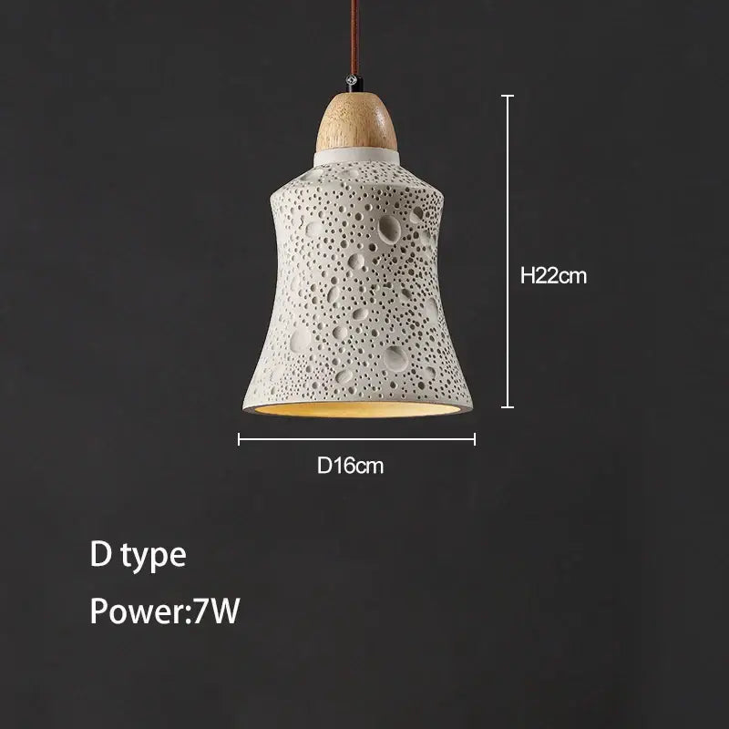 Minimalist white ceramic pendant chandelier with textured perforated design and wooden top for bedroom decorbites concrete high