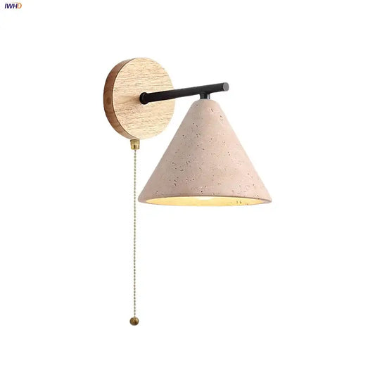 Minimalist pink concrete wall sconce with textured conical shade and wooden backplate for bedroom decorbites iron yellow style