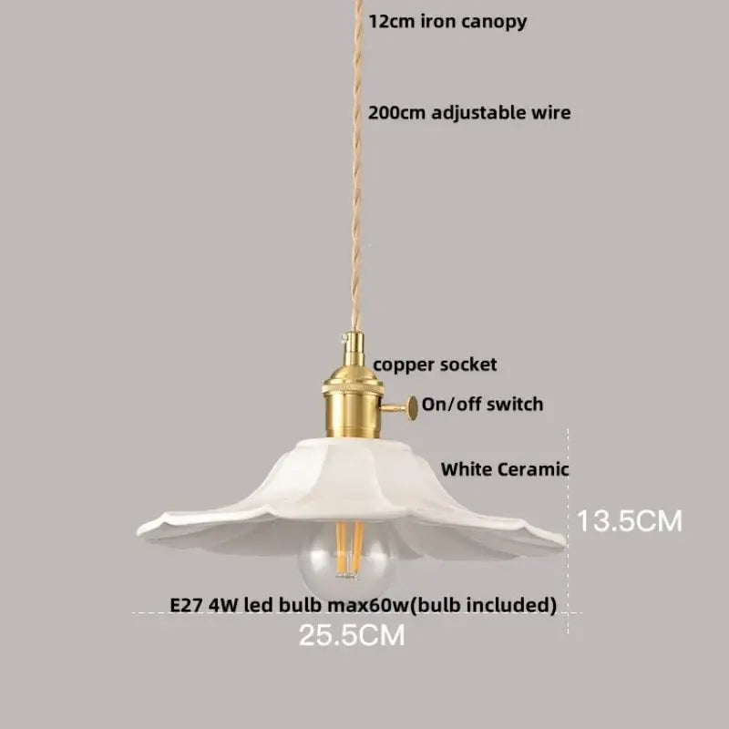 Minimalist white ceramic pendant light fixture with fluted petal design and brass copper socket for kitchen use