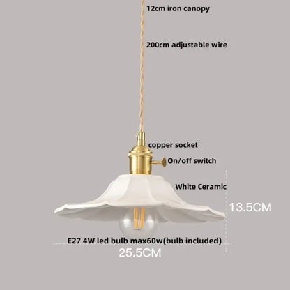 Minimalist white ceramic pendant light fixture with fluted petal design and brass copper socket for kitchen use