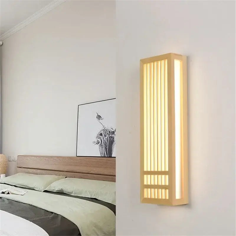 Minimalist warm-toned rectangular led wood wall lamp with vertical slats for bedroom and living room decorbites led wood wall