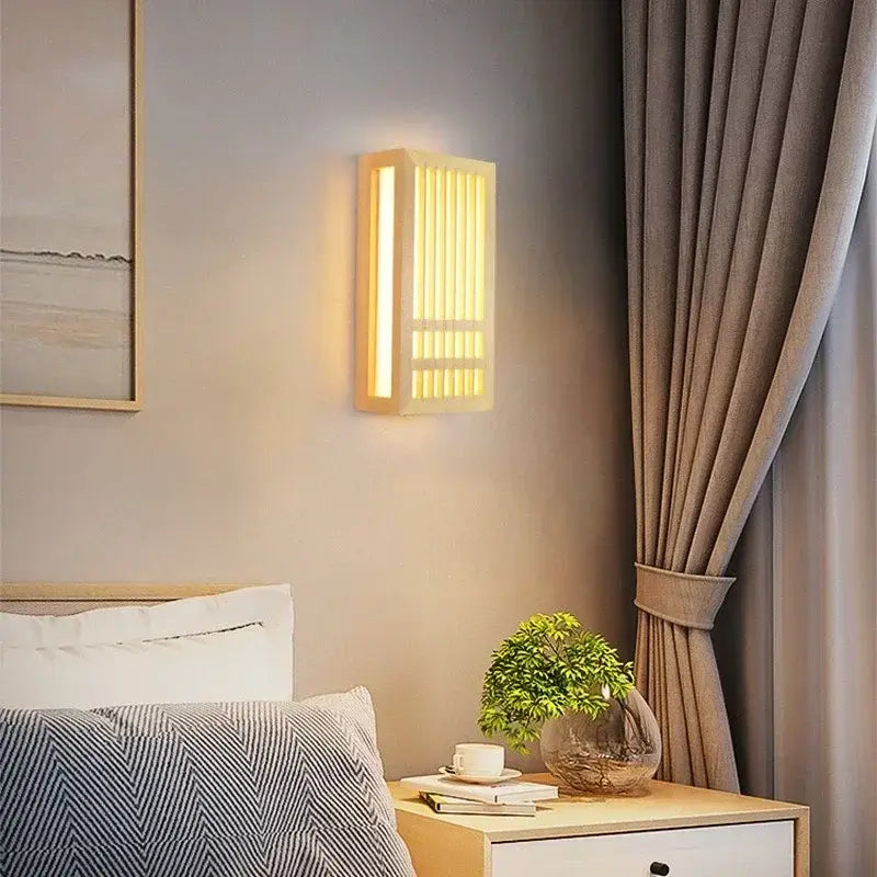 Minimalist warm-toned rectangular led wood wall lamp with vertical slats for bedroom and living room decorbites led wood wall