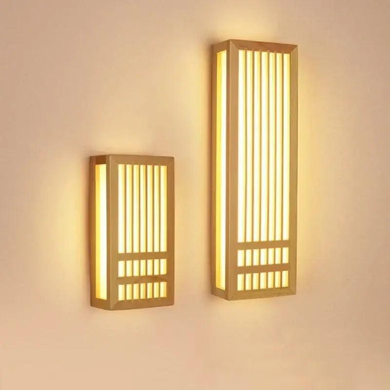 Minimalist rectangular decorbites led wood wall lamp with warm golden glow and vertical slatted design for living room