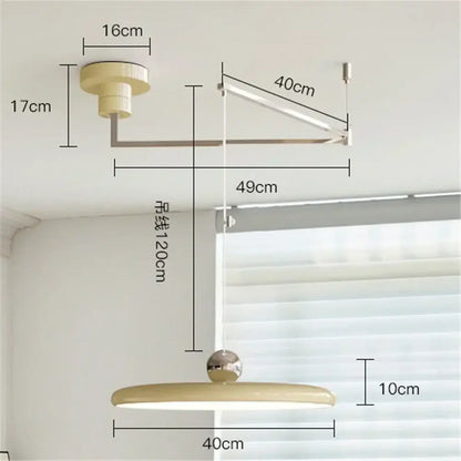 Minimalist cream iron art pendant light with sleek metallic sphere and flat shade for bedroom decorbites cream iron