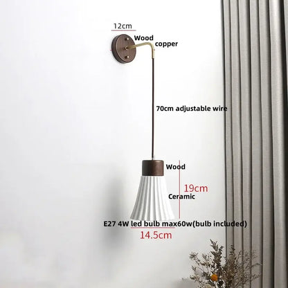 Minimalist ribbed ceramic led wall lamp with dark wood copper bracket and adjustable wire for bedroom decorbites ceramic led decor