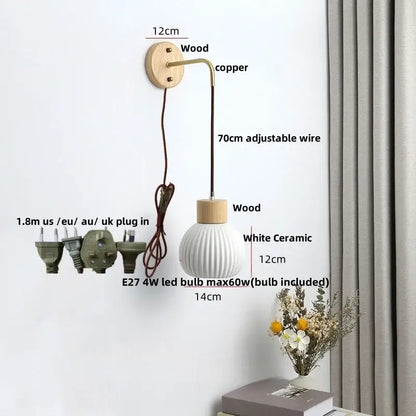Minimalist white ceramic led wall lamp with ribbed design wooden accents and copper adjustable wire for decorbites ceramic led decor