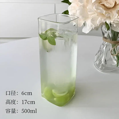 Minimalist clear square glass juice cup filled with ice and mint leaves for kitchen drinkware use