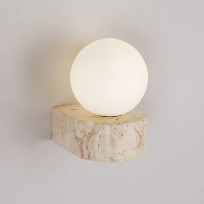 Minimalist wall light with a matte white glass lampshade and textured beige stone base for bedroom decorbites wall lights