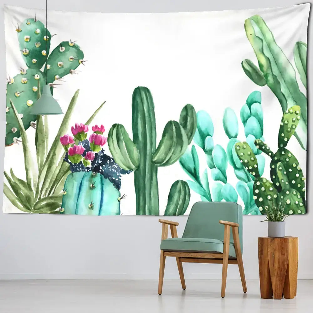 Minimalist teal cactus tropical plant tapestry featuring a turquoise cactus with pink flowers for children’s decorbites decor