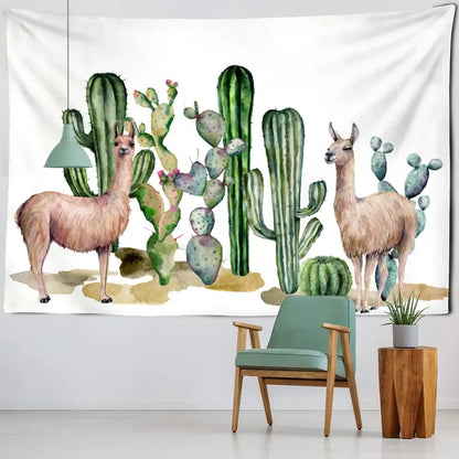 White wall tapestry with watercolor tan llamas and green cacti for decorbites cactus tropical plant tapestry kids room decor