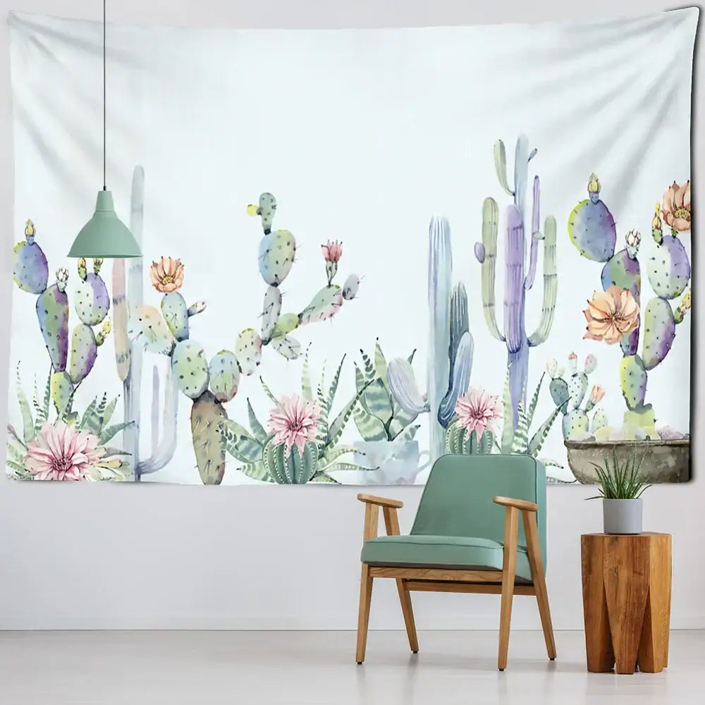 A soft pastel watercolor cactus tropical plant tapestry in teal for minimalist children’s room decorbites decor