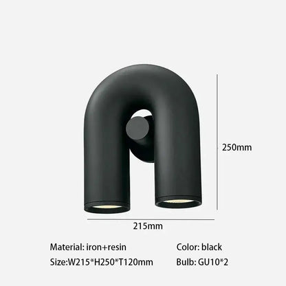 Black u-shaped minimalist cirkus tube wall sconce made of iron and resin with two gu10 bulbs for reading light