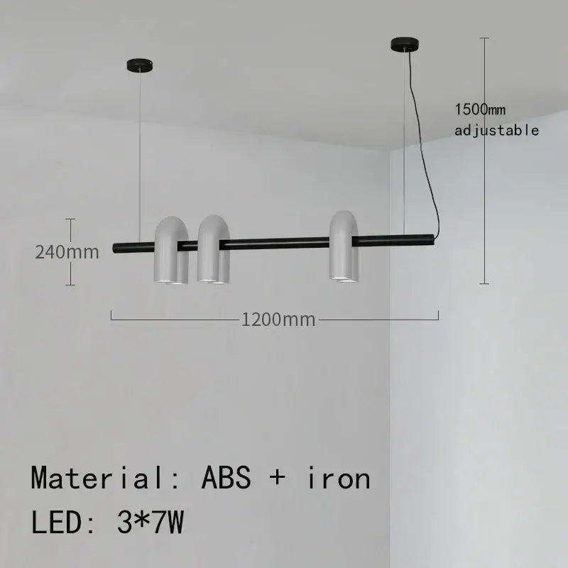 Modern black and white led pendant light with three curved lampshades complementing minimalist cirkus tube wall sconce design
