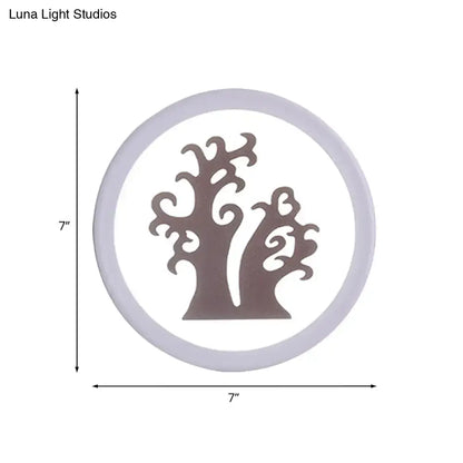 Circular matte gray tree silhouette acrylic wall lamp with matching frame ideal as a minimalist inch fixture wall lamp