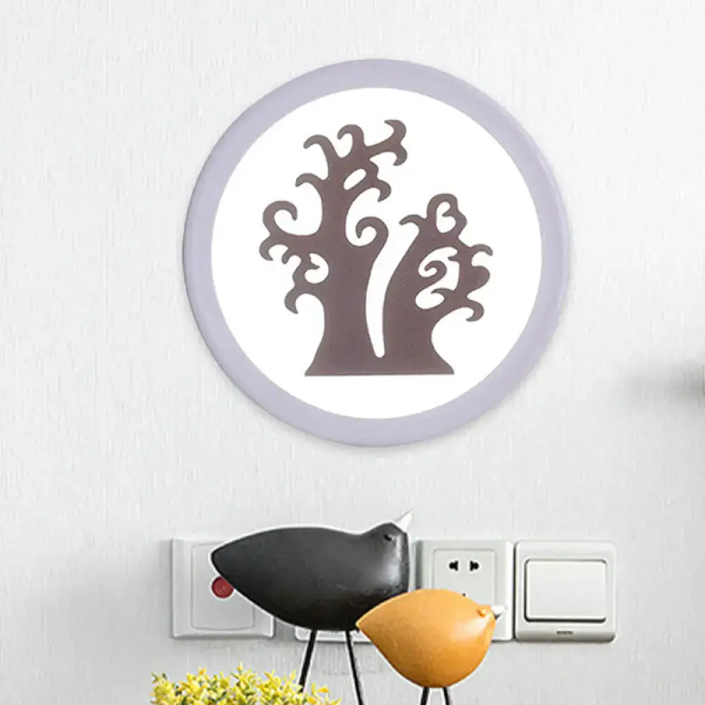 Minimalist tree silhouette acrylic wall lamp with a gray frame and white center 12 inch fixture for bedroom use
