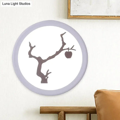 Minimalist tree silhouette acrylic wall lamp with soft lavender frame and white center 12 inch fixture for bedroom decor