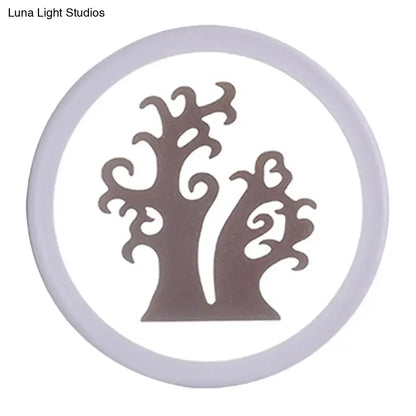 Minimalist tree silhouette acrylic wall lamp with a 12 inch white frame and coffee brown intricate swirling branches design
