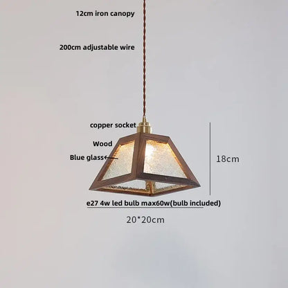 Minimalist walnut and brass glass led pendant lamp with dark wood frame and blue glass panels for dining room lighting