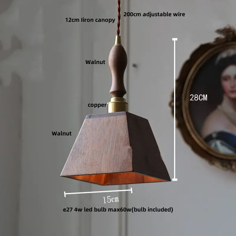 Minimalist walnut and brass glass led pendant lamp with walnut finish copper accent and adjustable wire suspension