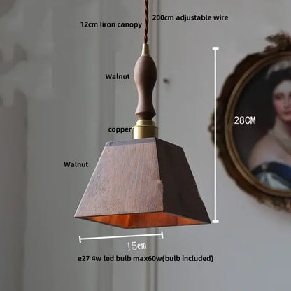 Minimalist walnut and brass glass led pendant lamp with walnut finish copper accent and adjustable wire suspension