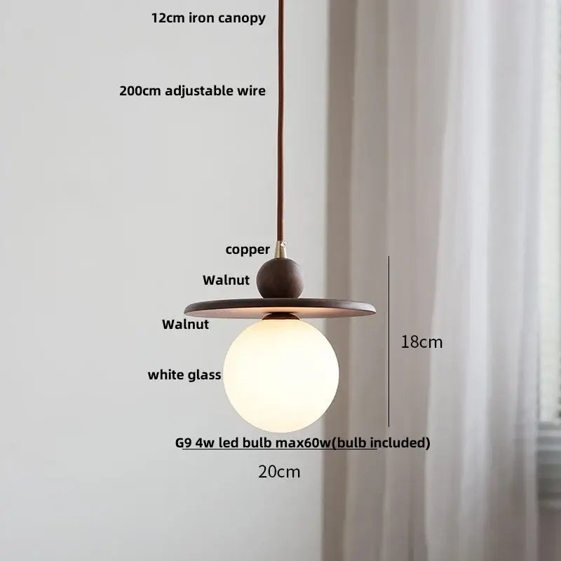 Minimalist walnut and copper glass led pendant lamp with white globe for dining room lighting