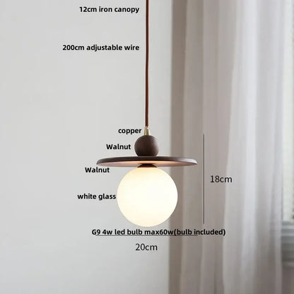 Minimalist walnut and copper glass led pendant lamp with white globe for dining room lighting