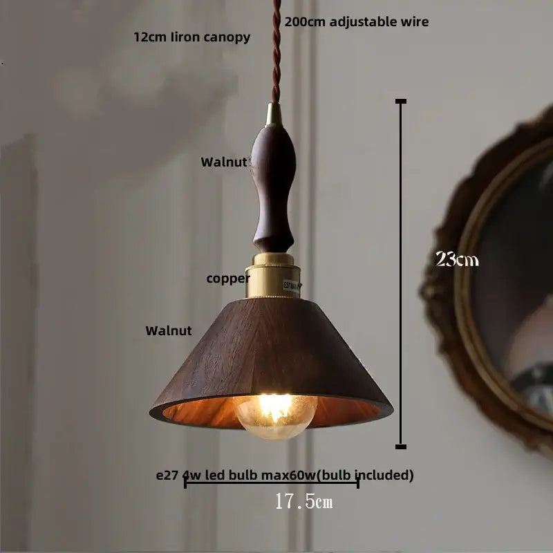 Minimalist walnut and brass glass led pendant lamp with dark walnut wooden shade and canopy for dining room lighting