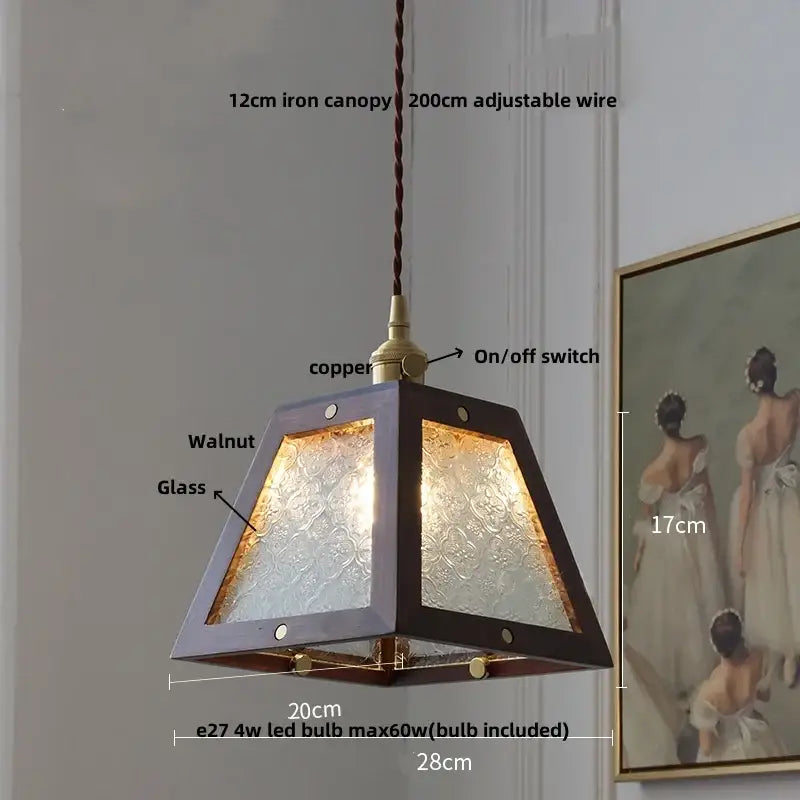 Minimalist walnut and brass glass led pendant lamp with dark walnut iron canopy and copper accents for dining room