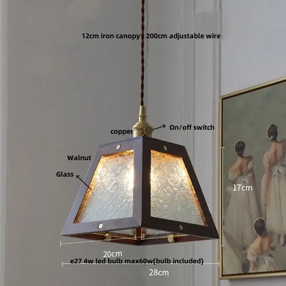 Minimalist walnut and brass glass led pendant lamp with dark walnut iron canopy and copper accents for dining room