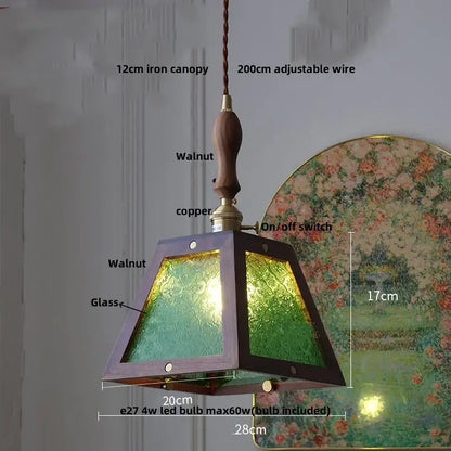 Minimalist walnut and brass glass led pendant lamp with dark walnut frame green glass panels and copper accents for dining room