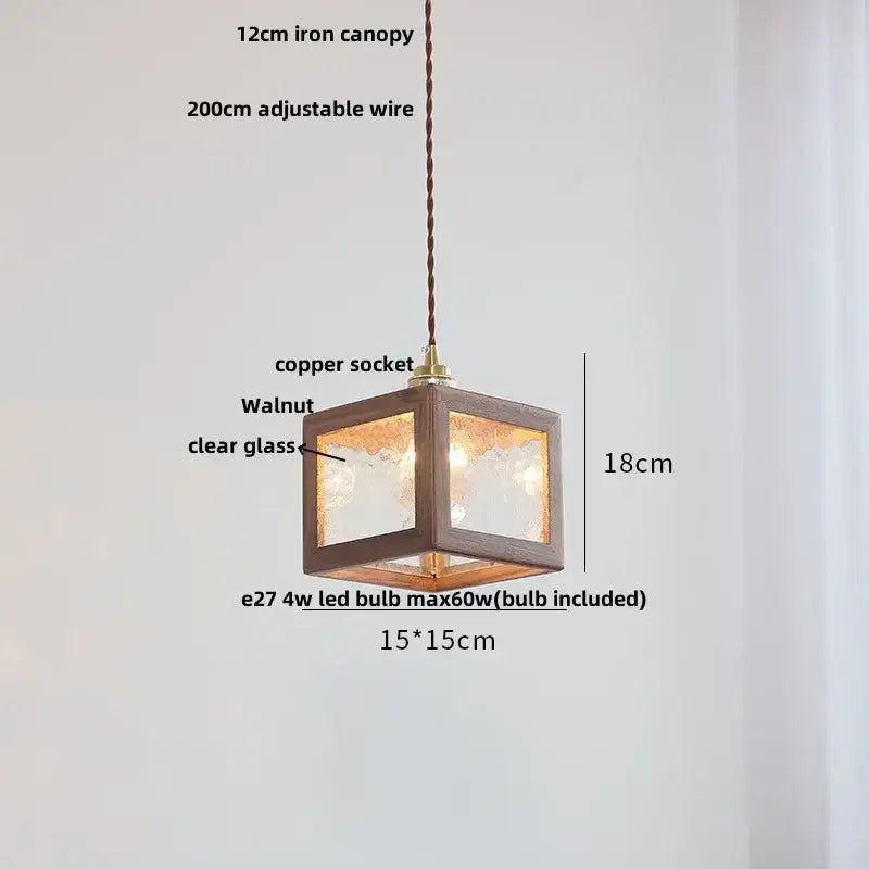 Minimalist walnut and brass glass led pendant lamp with clear panels and adjustable copper socket for dining room lighting