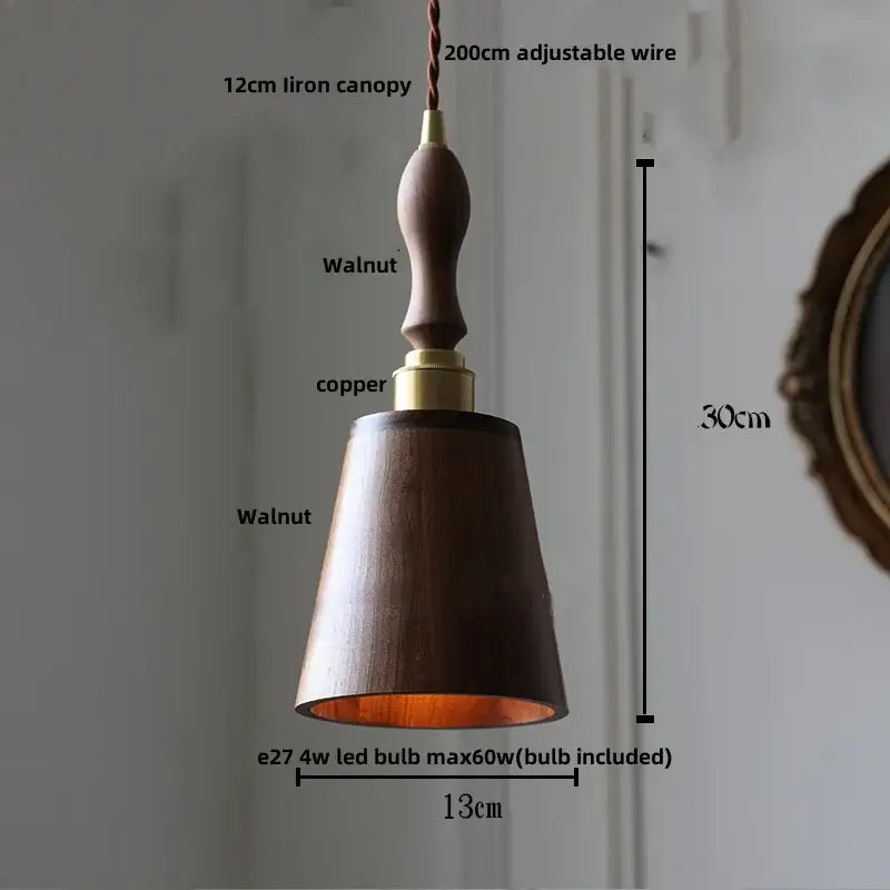 Minimalist walnut and brass glass led pendant lamp with dark walnut bell-shaped shade and iron canopy for dining room