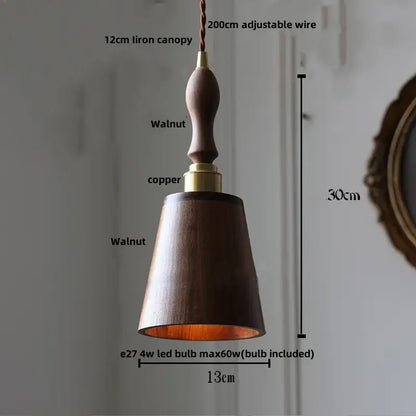 Minimalist walnut and brass glass led pendant lamp with dark walnut bell-shaped shade and iron canopy for dining room