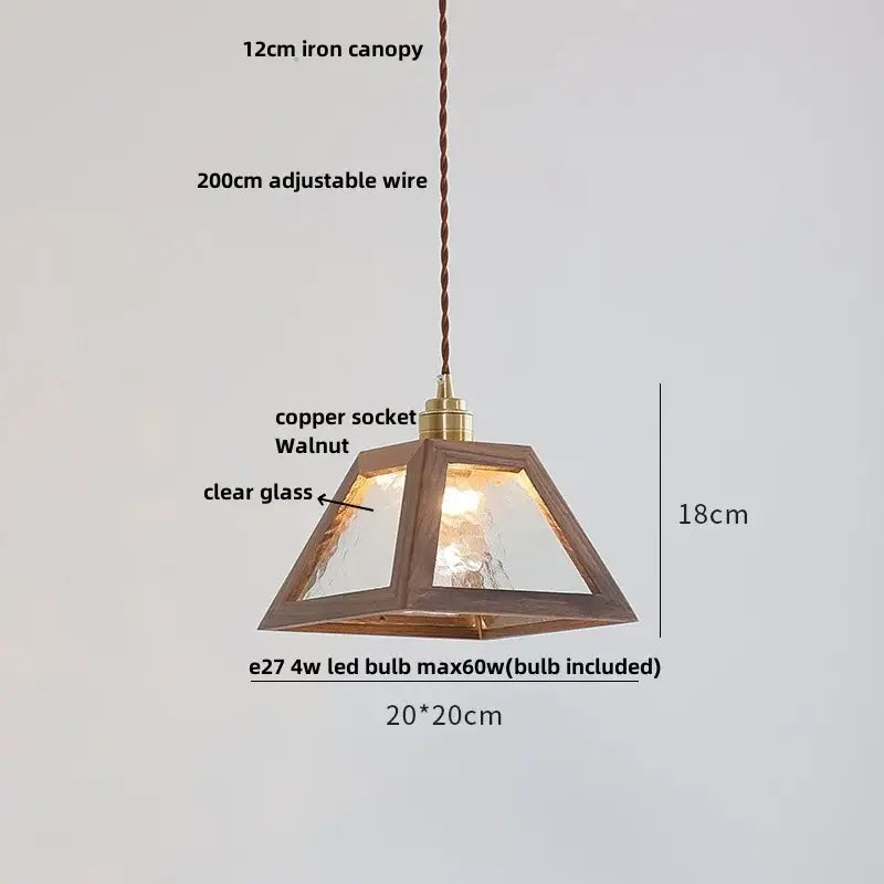 Minimalist walnut and brass glass led pendant lamp with clear textured panels for dining room lighting