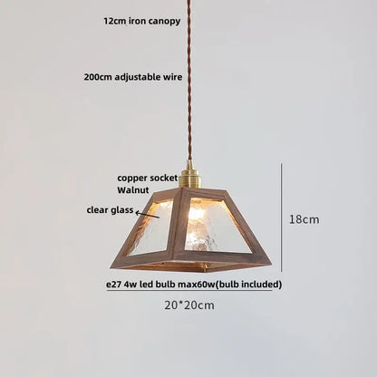 Minimalist walnut and brass glass led pendant lamp with clear textured panels for dining room lighting