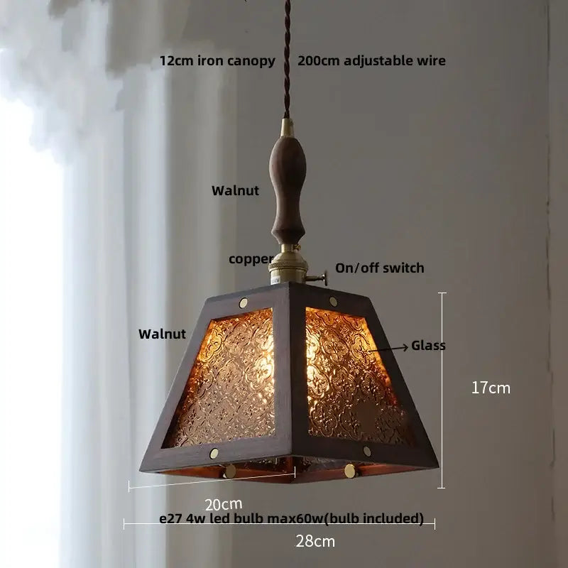 Minimalist walnut and brass glass led pendant lamp with dark walnut frame and copper accents for dining room lighting