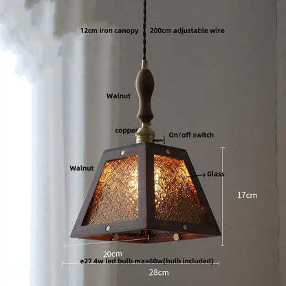 Minimalist walnut and brass glass led pendant lamp with dark walnut frame and copper accents for dining room lighting