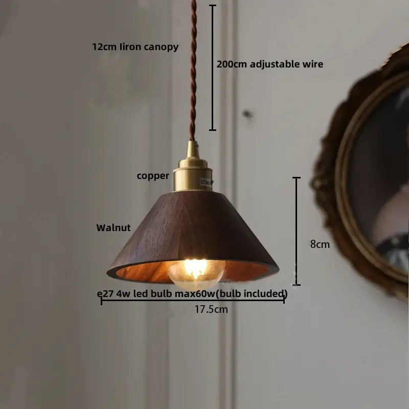 Minimalist walnut and brass glass led pendant lamp with dark walnut shade and copper accents for dining room lighting