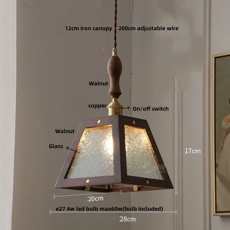 Minimalist walnut and brass glass led pendant lamp with dark walnut frame and textured glass panels for dining room
