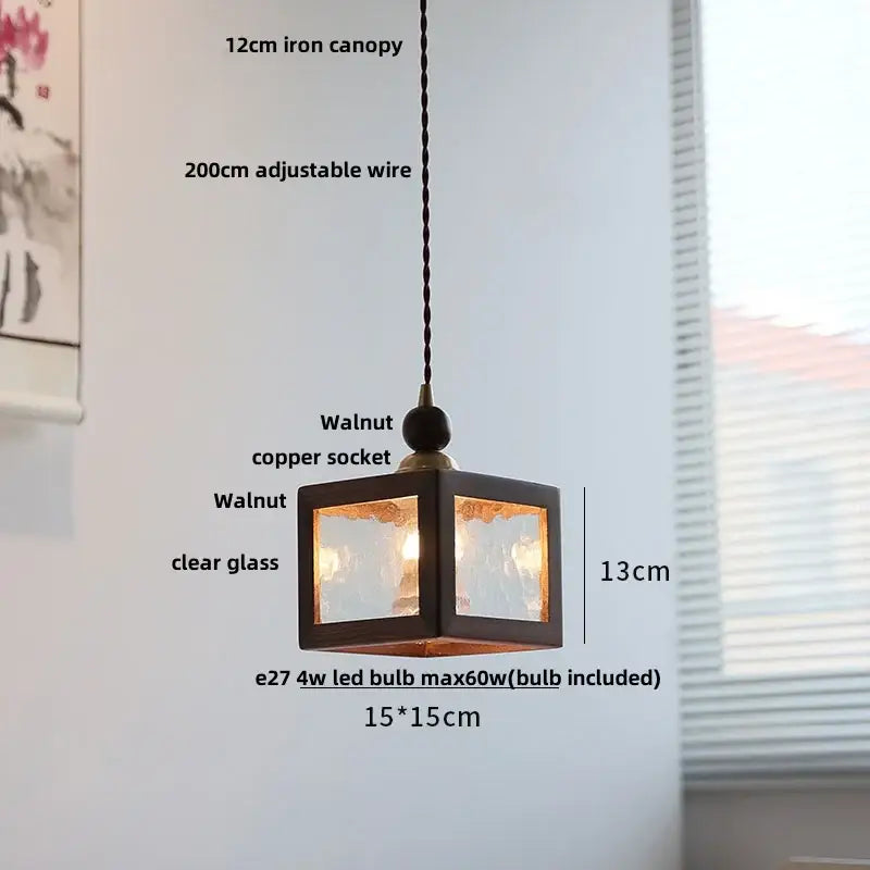 Minimalist walnut and brass glass led pendant lamp featuring a 13cm cube frame with clear textured panels and e27 led bulb