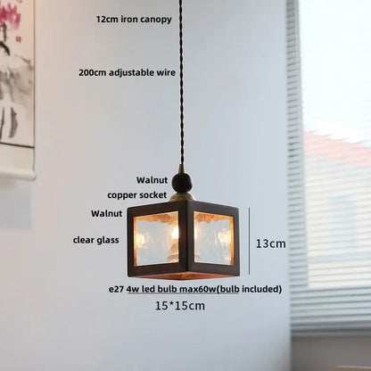 Minimalist walnut and brass glass led pendant lamp featuring a 13cm cube frame with clear textured panels and e27 led bulb
