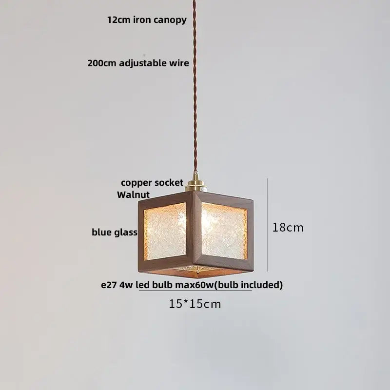 Minimalist walnut and brass glass led pendant lamp with blue textured glass and adjustable copper socket for dining room