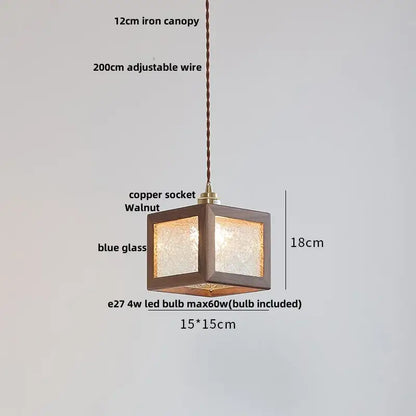 Minimalist walnut and brass glass led pendant lamp with blue textured glass and adjustable copper socket for dining room