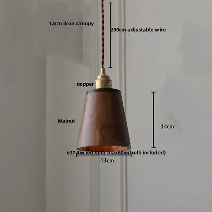 Minimalist walnut and brass glass led pendant lamp with warm wood and copper finish for dining room lighting